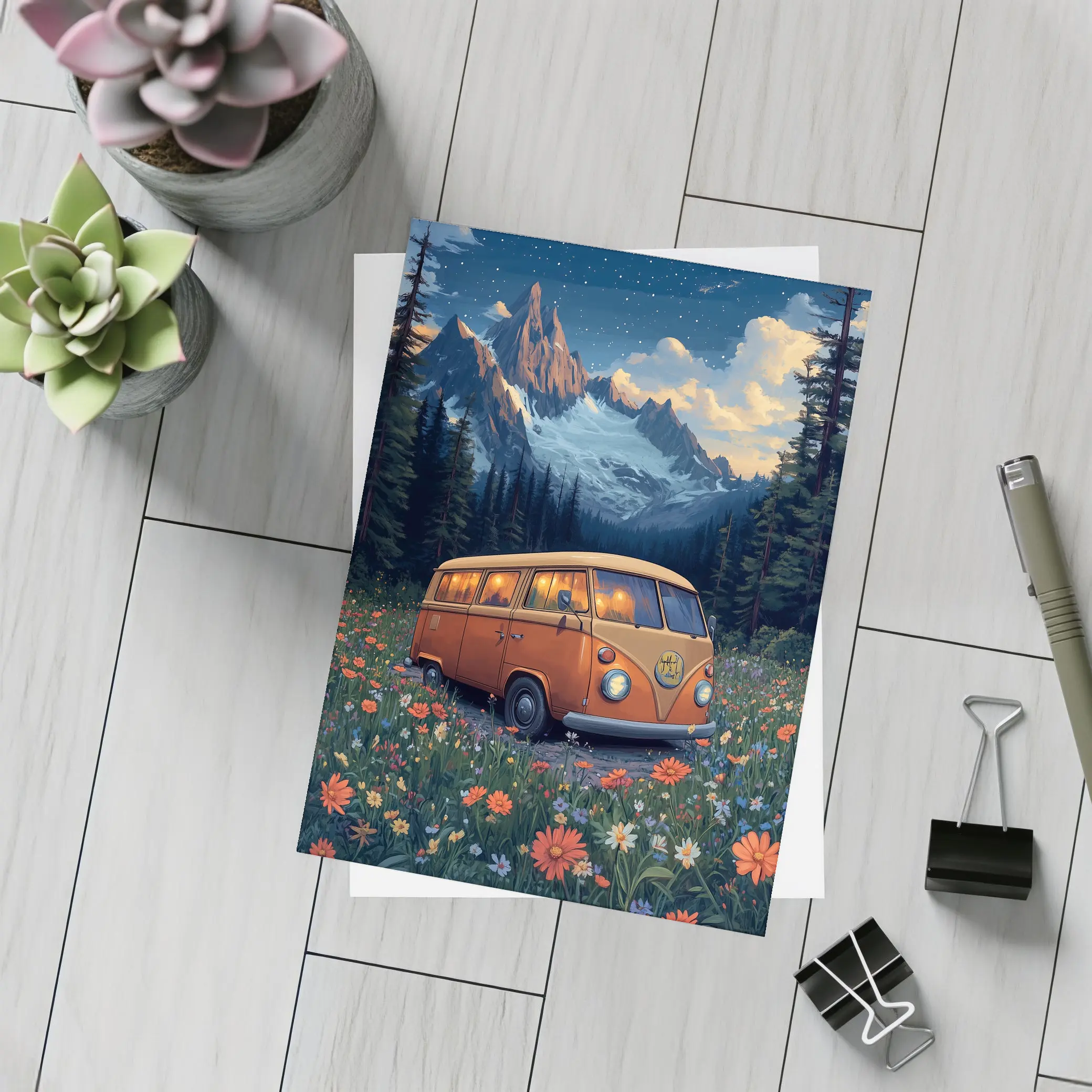 Volkswagen Bus Wildflower Meadow Mountain Night – Postcards