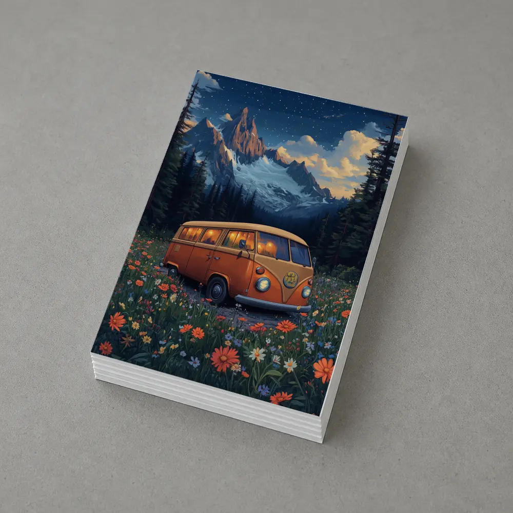 Volkswagen Bus Wildflower Meadow Mountain Night – Postcards