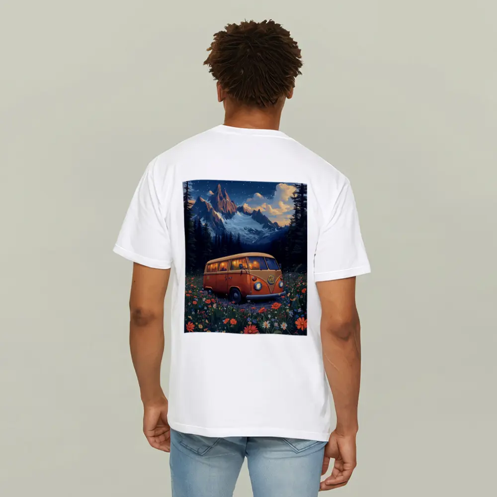 Volkswagen Bus Wildflower Meadow Mountain Night – T-Shirts