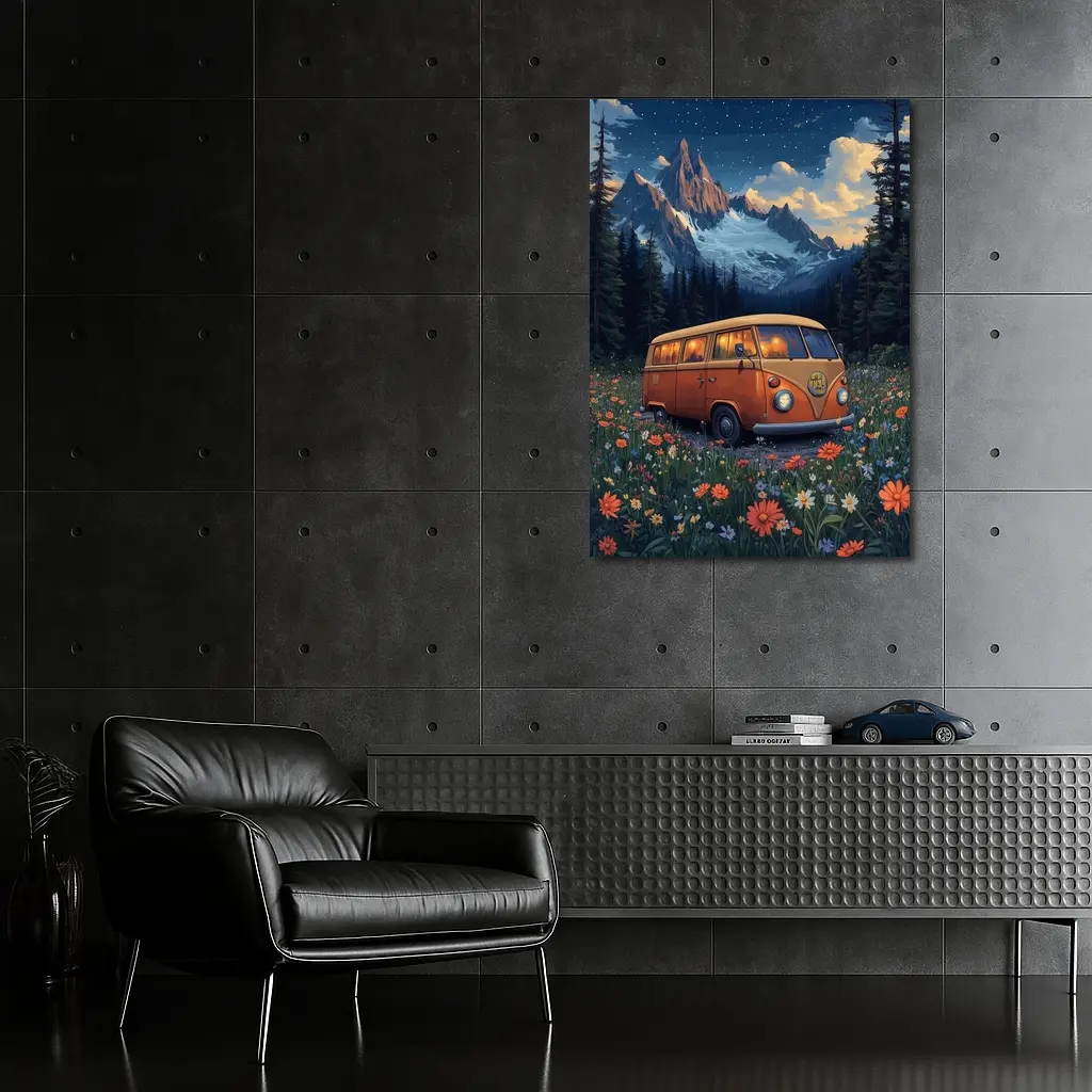 Volkswagen Bus Wildflower Meadow Mountain Night – Wall Art