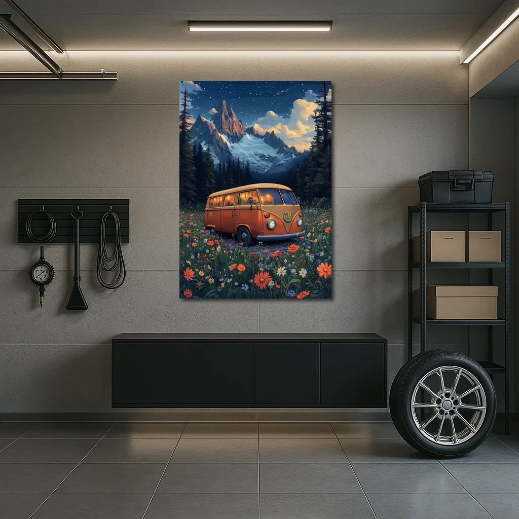 Volkswagen Bus Wildflower Meadow Mountain Night – Wall Art