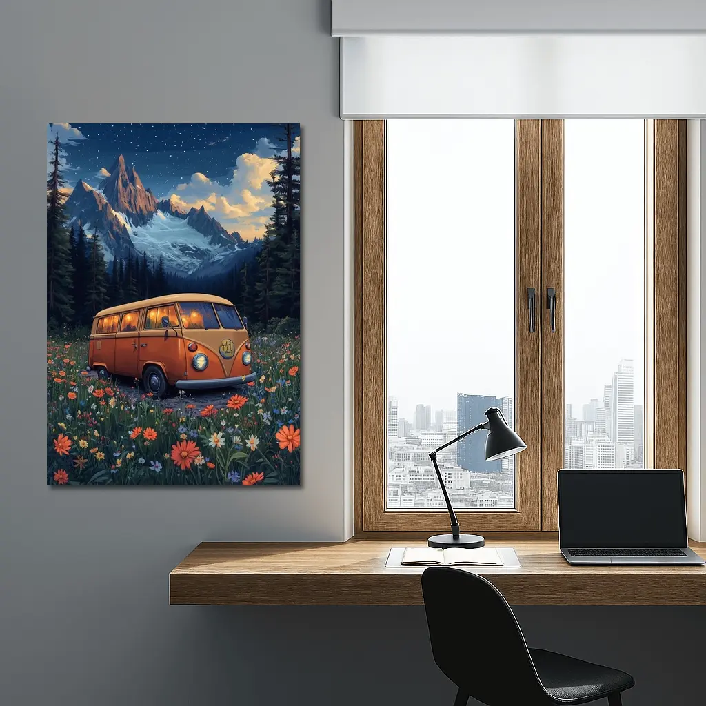 Volkswagen Bus Wildflower Meadow Mountain Night – Wall Art