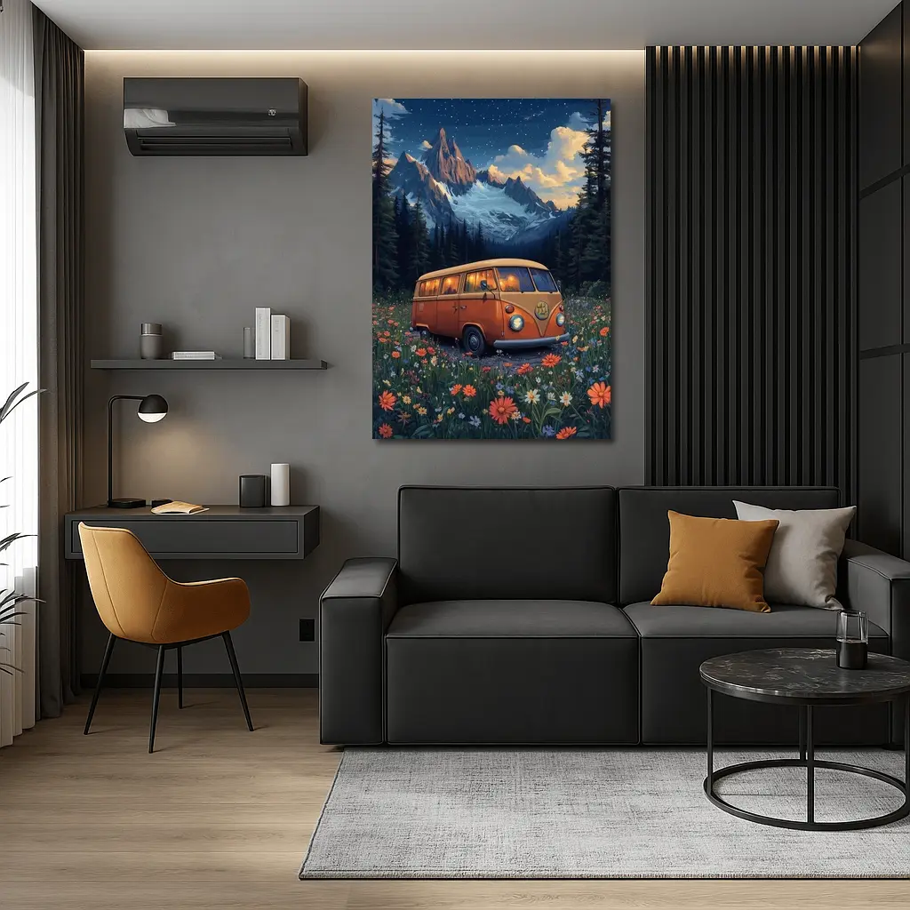 Volkswagen Bus Wildflower Meadow Mountain Night – Wall Art