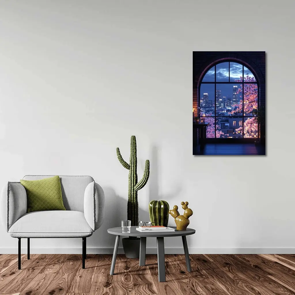 Cherry Blossoms City Night View Arched Window – Wall Art