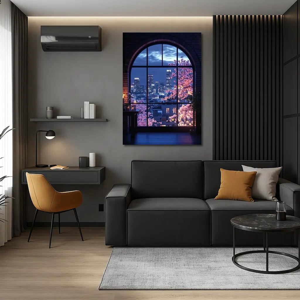 Cherry Blossoms City Night View Arched Window – Wall Art
