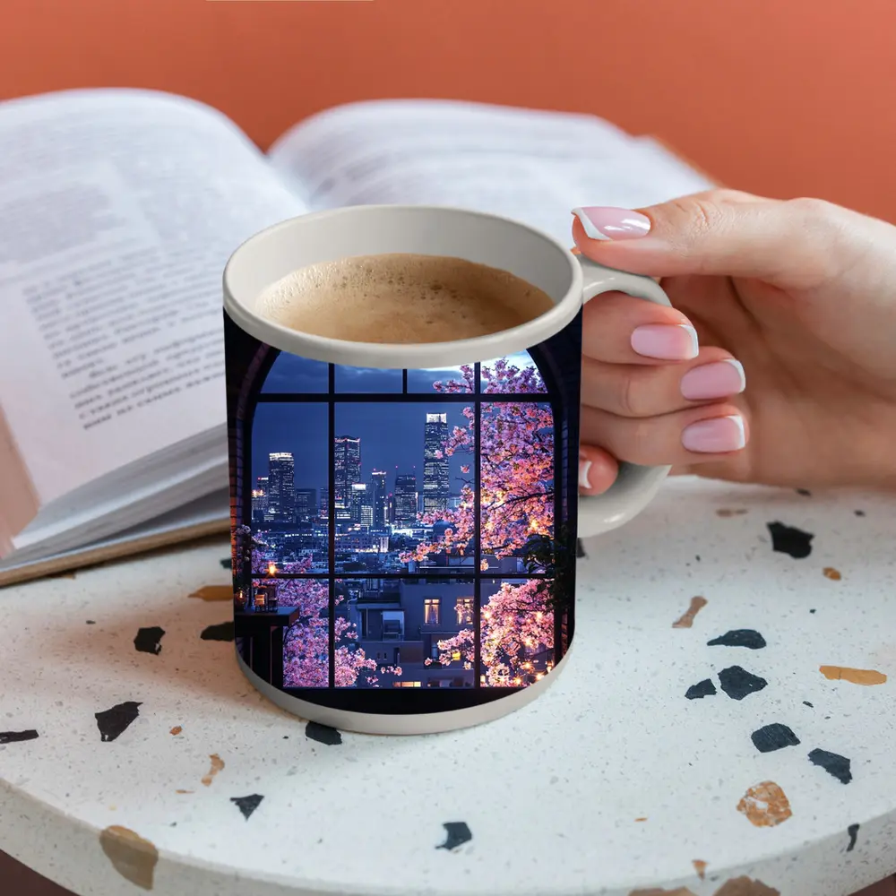 Cherry Blossoms City Night View Arched Window – Mugs