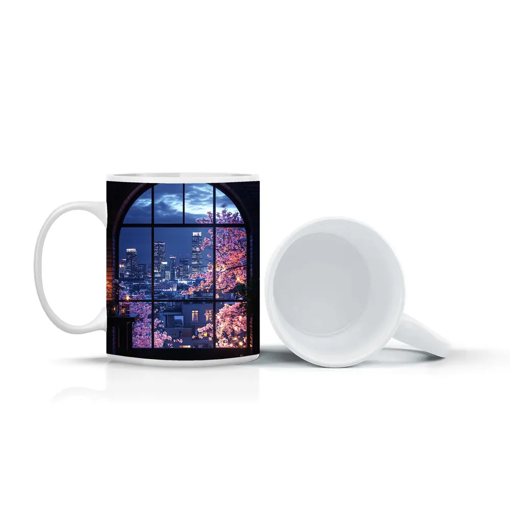 Cherry Blossoms City Night View Arched Window – Mugs