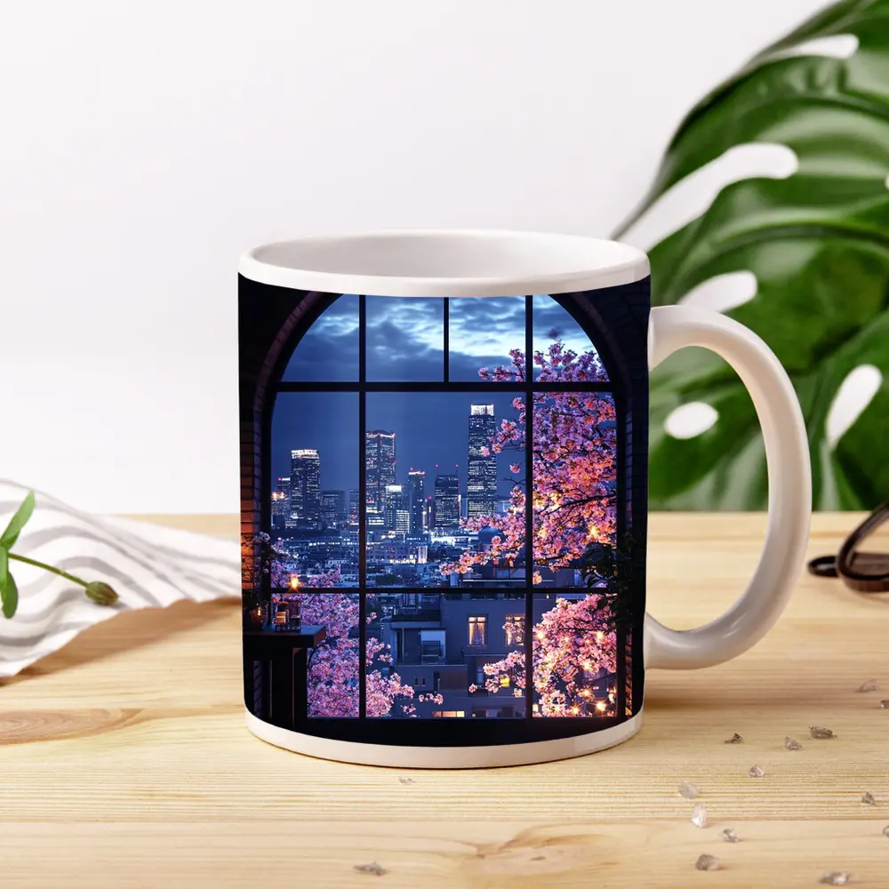 Cherry Blossoms City Night View Arched Window – Mugs