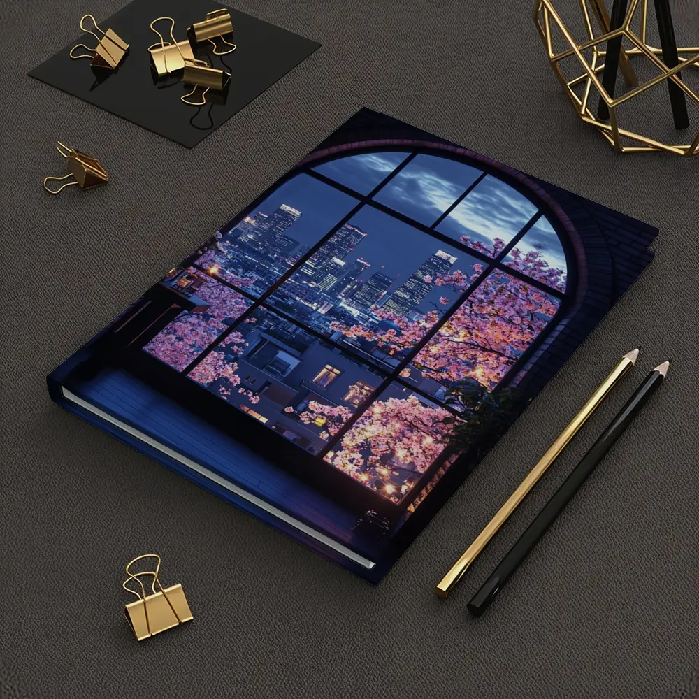Cherry Blossoms City Night View Arched Window – Notebooks