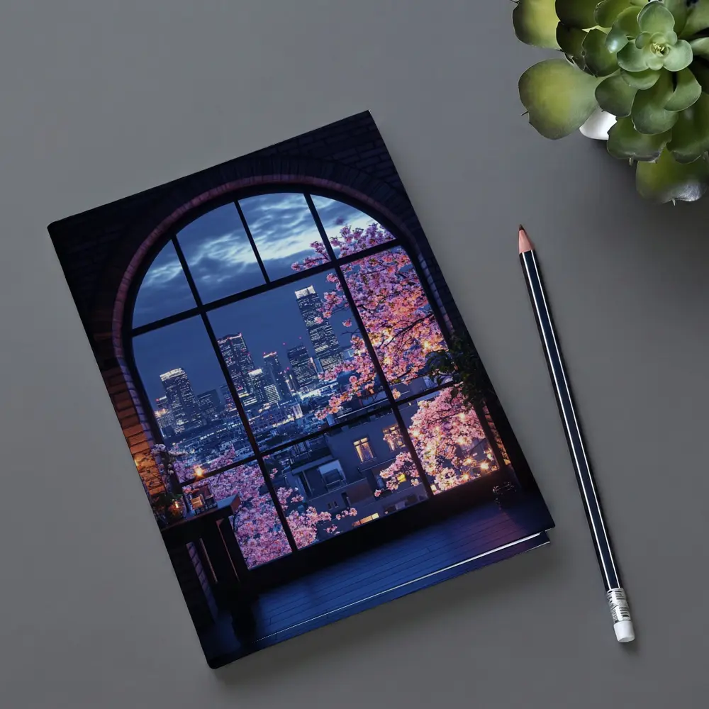 Cherry Blossoms City Night View Arched Window – Notebooks