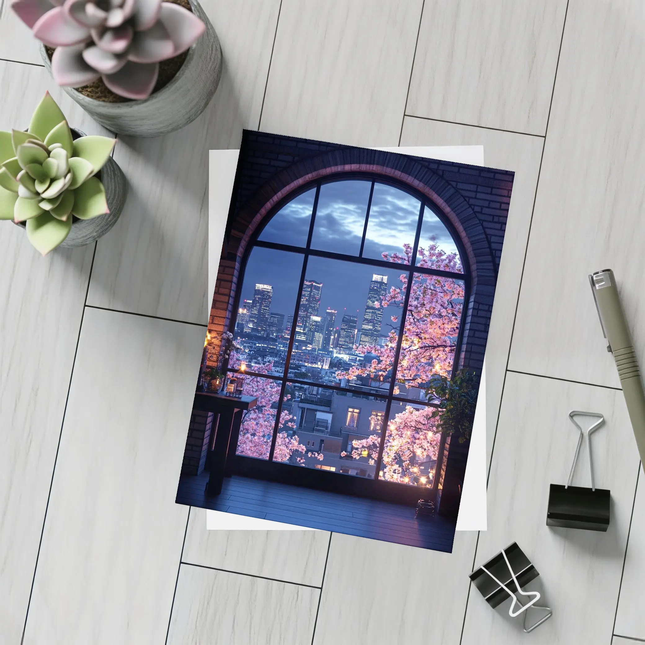 Cherry Blossoms City Night View Arched Window – Postcards