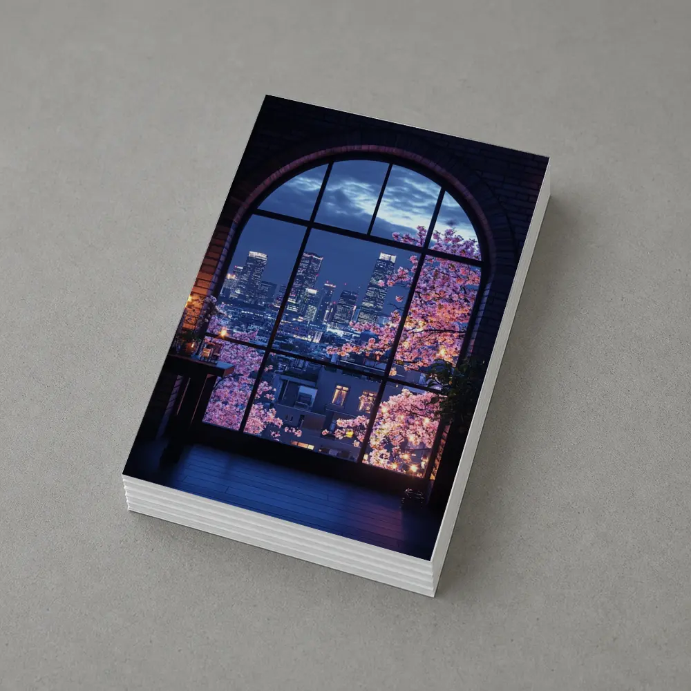 Cherry Blossoms City Night View Arched Window – Postcards