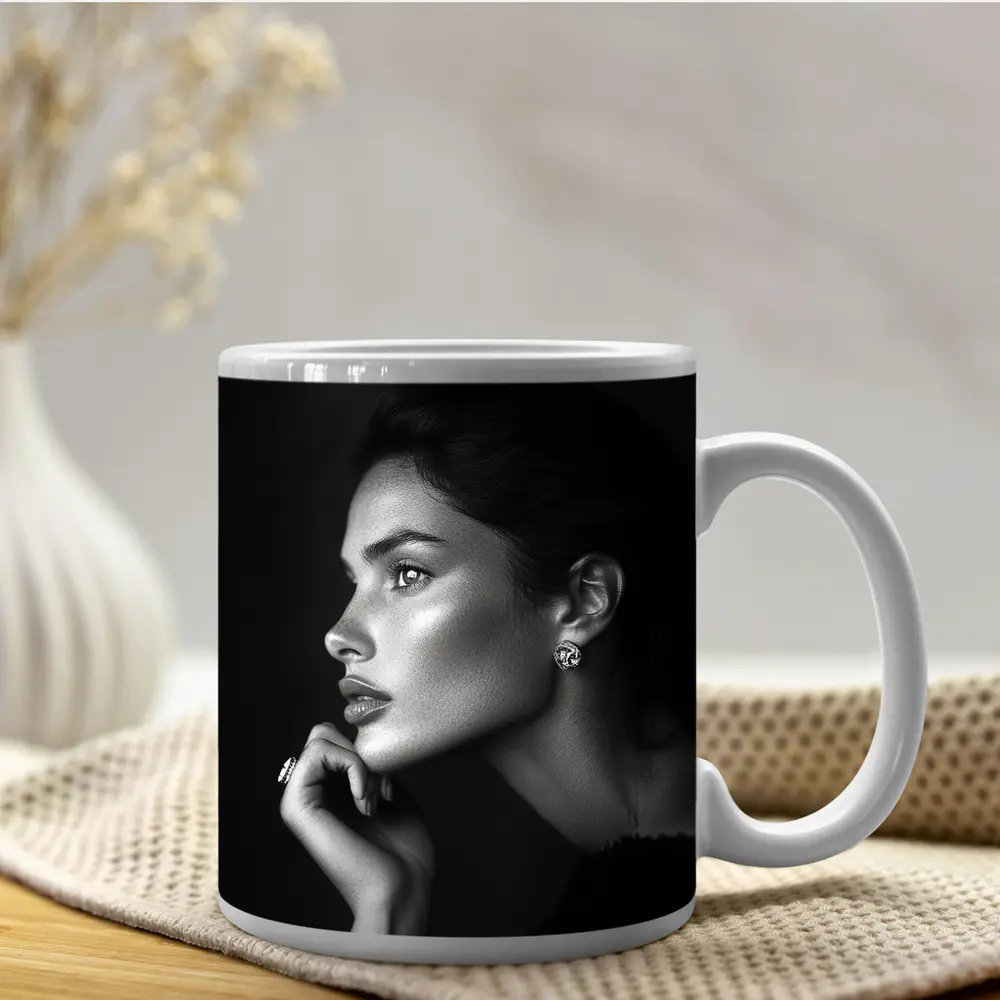 Black and White Woman Portrait Dark Background – Mugs