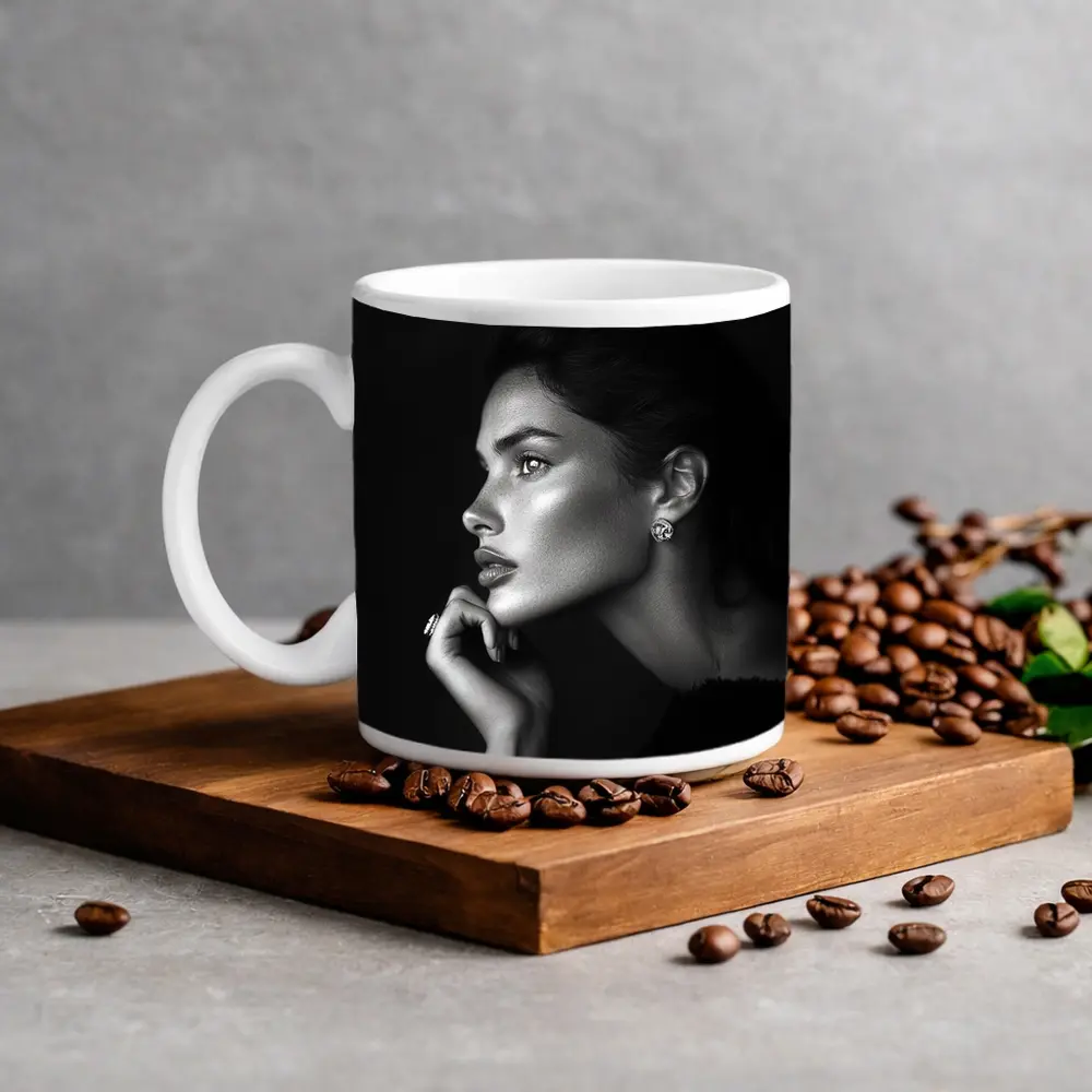 Black and White Woman Portrait Dark Background – Mugs