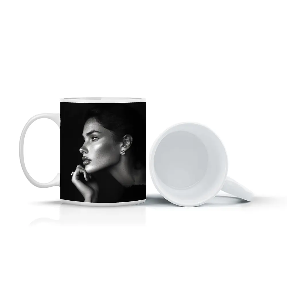 Black and White Woman Portrait Dark Background – Mugs
