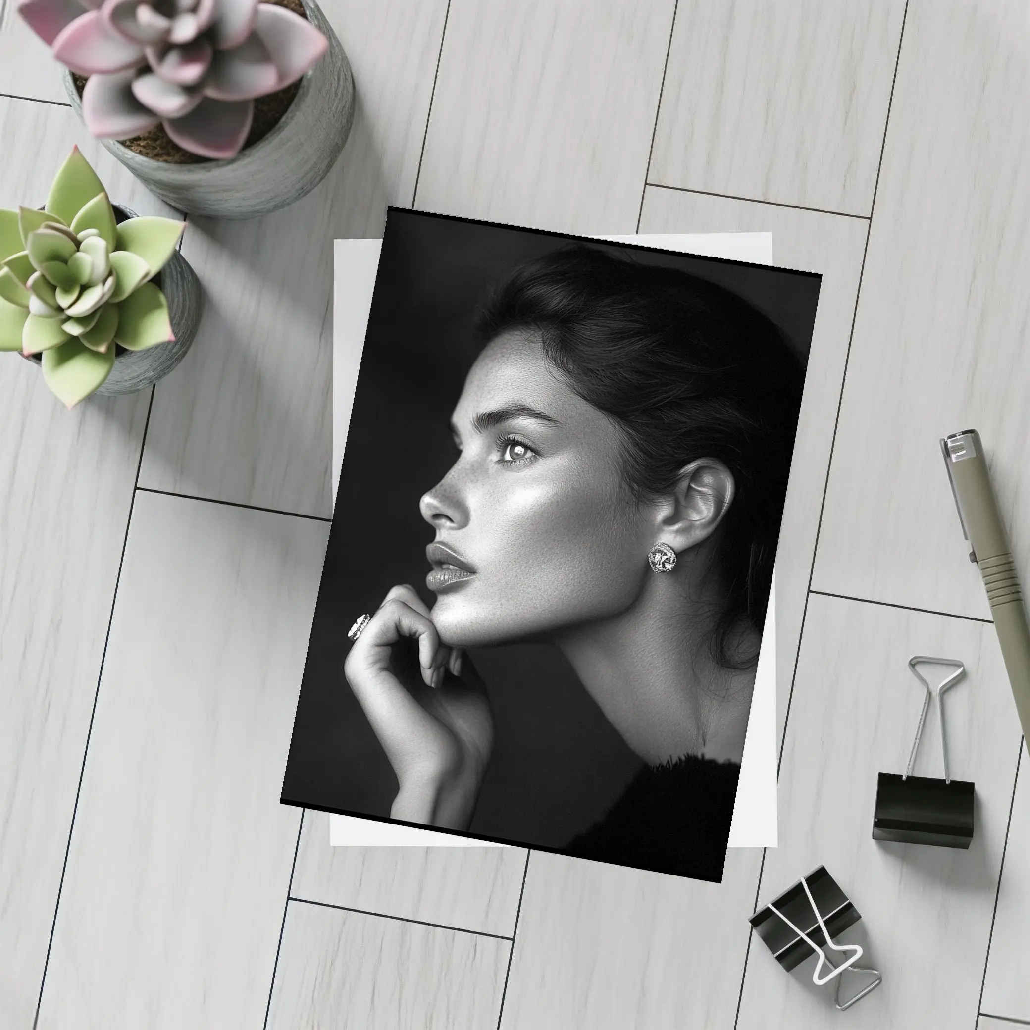 Black and White Woman Portrait Dark Background – Postcards