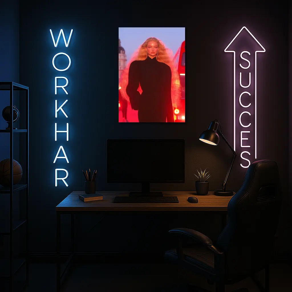 Blonde Model Black Outfit Red City Lights – Wall Art