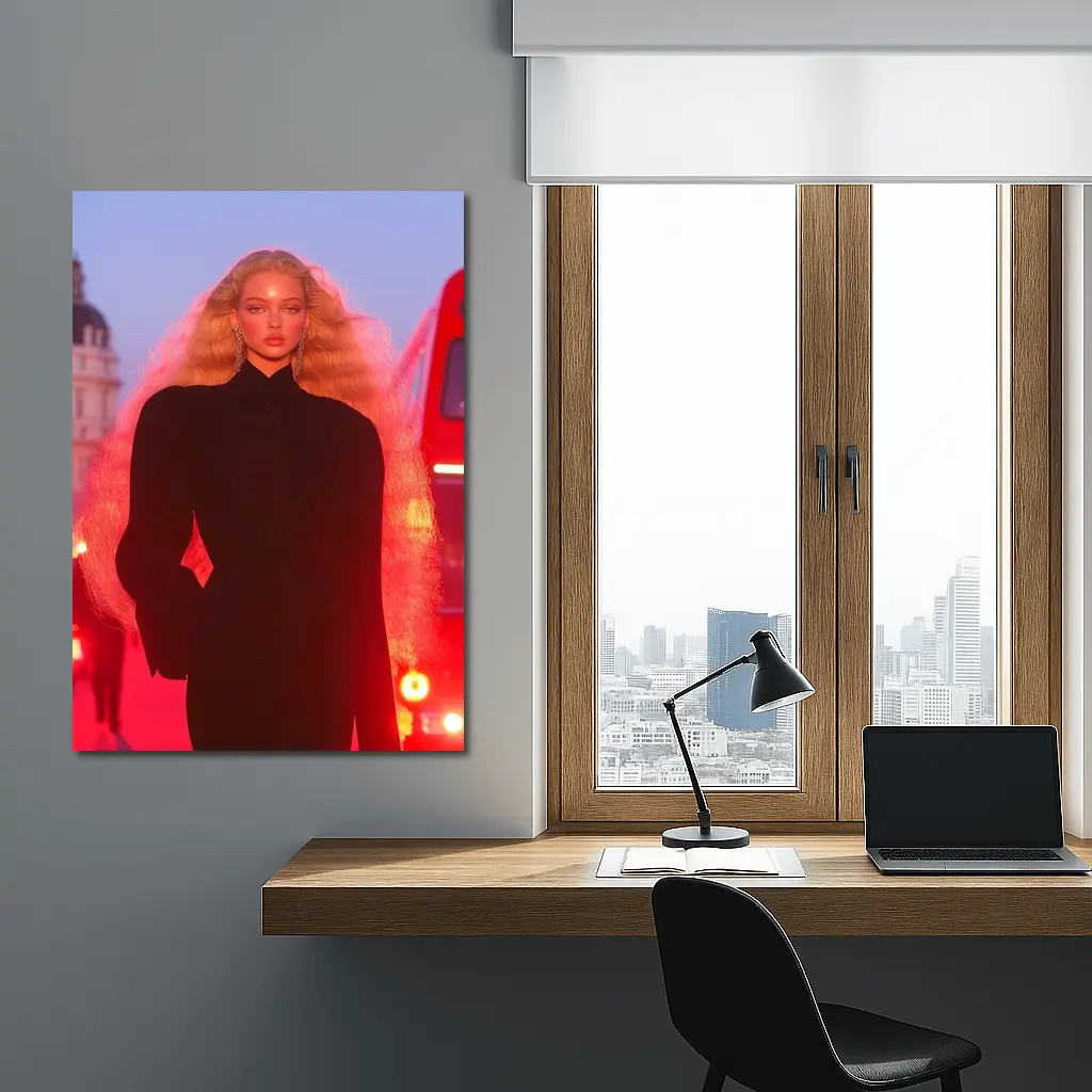 Blonde Model Black Outfit Red City Lights – Wall Art