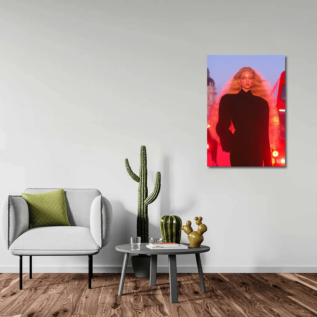 Blonde Model Black Outfit Red City Lights – Wall Art