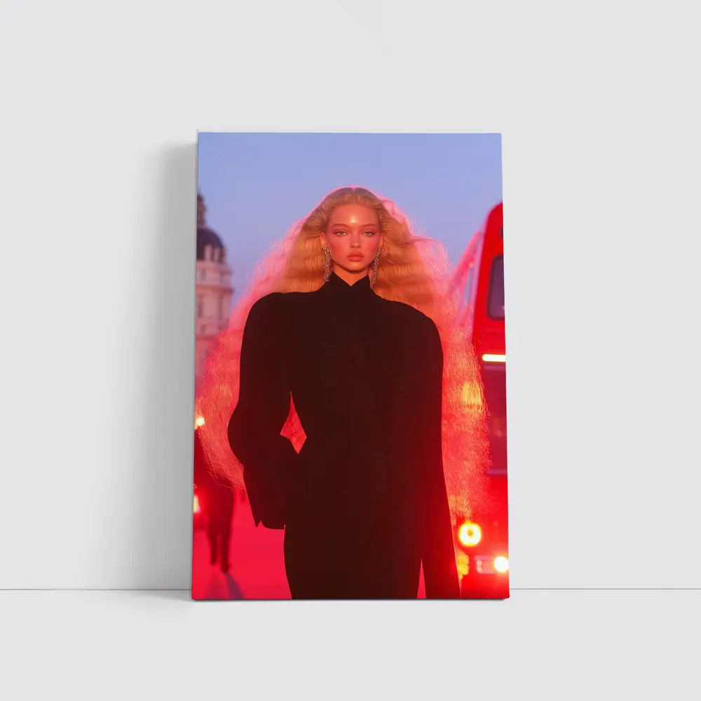 Blonde Model Black Outfit Red City Lights – Wall Art
