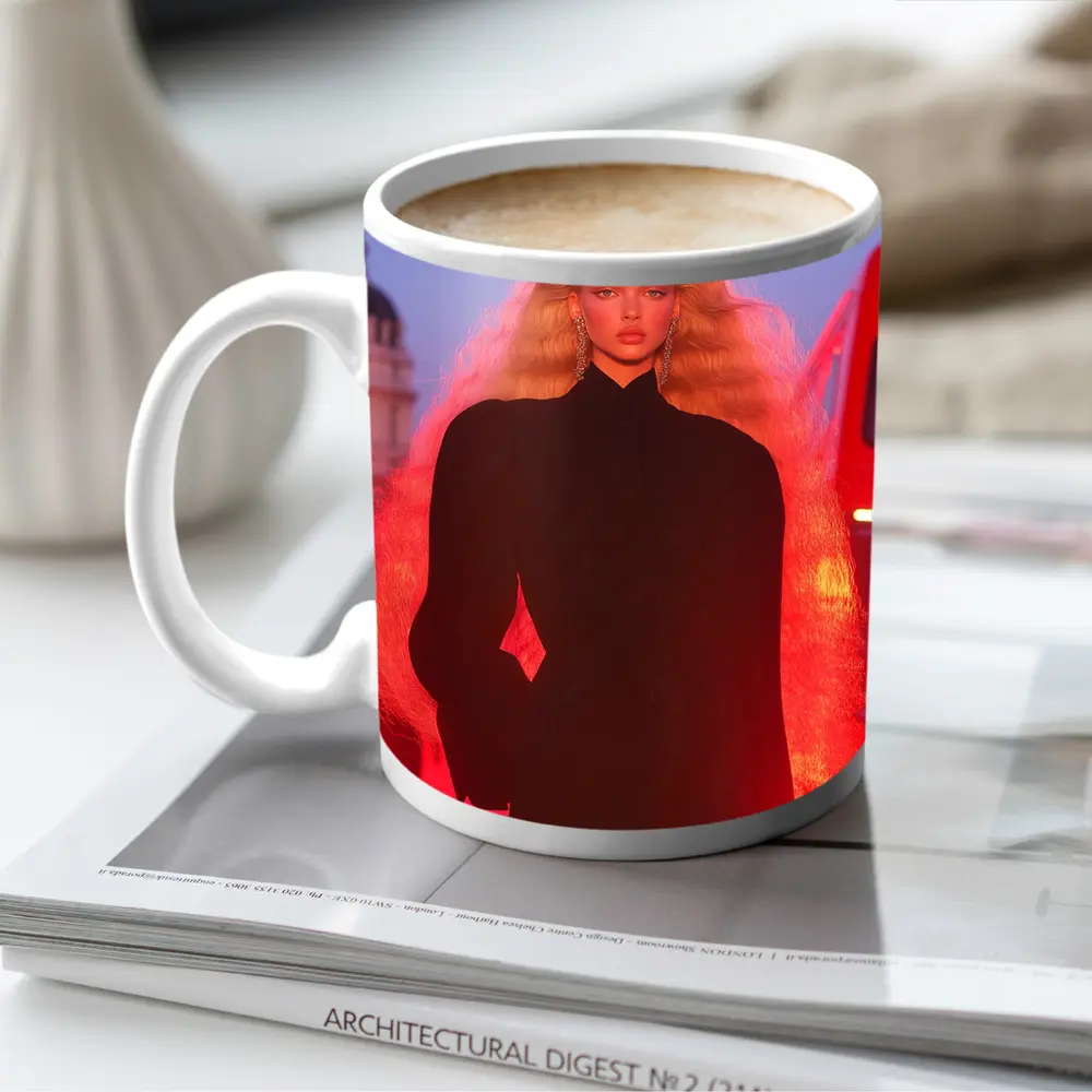 Blonde Model Black Outfit Red City Lights – Mugs