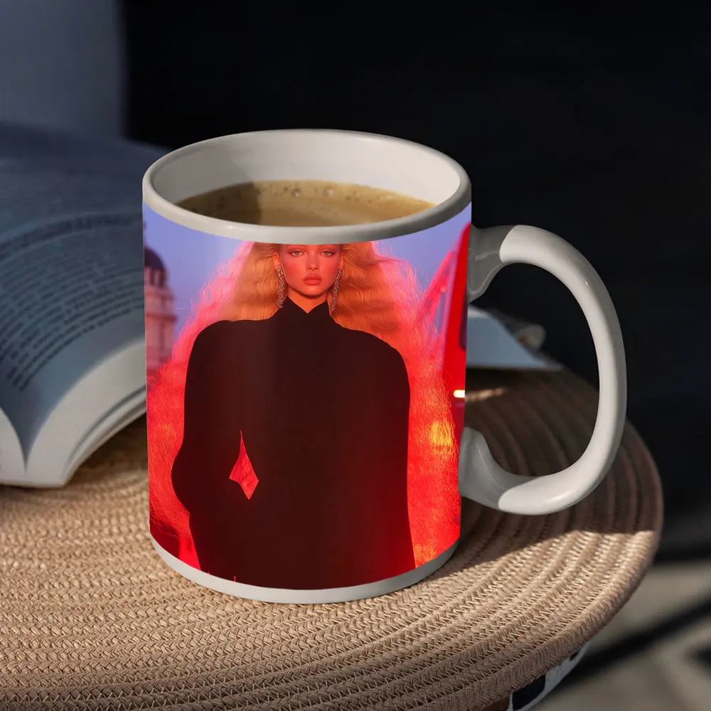 Blonde Model Black Outfit Red City Lights – Mugs
