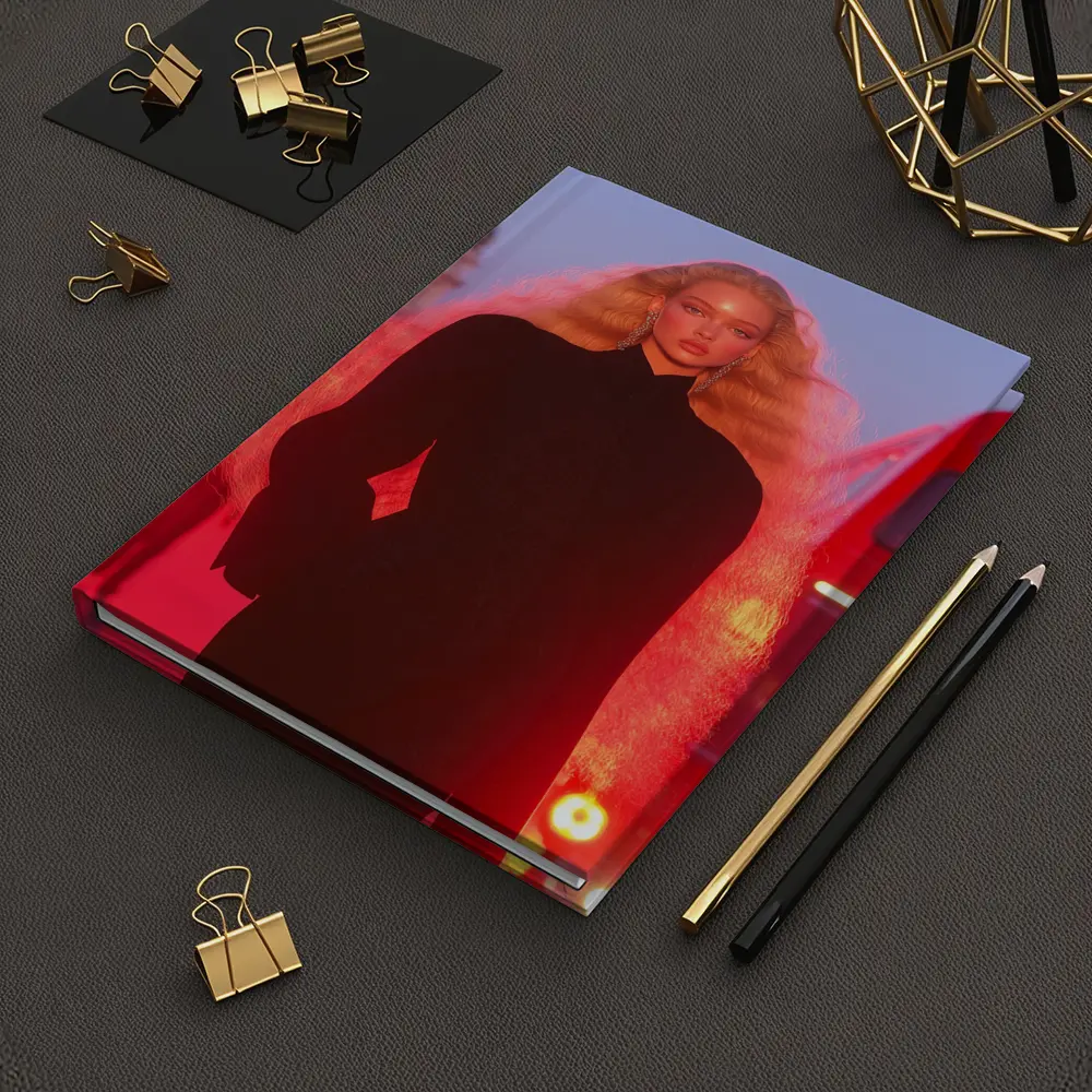 Blonde Model Black Outfit Red City Lights – Notebooks