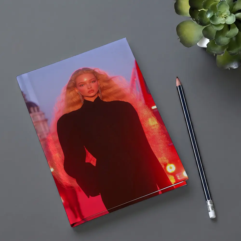 Blonde Model Black Outfit Red City Lights – Notebooks
