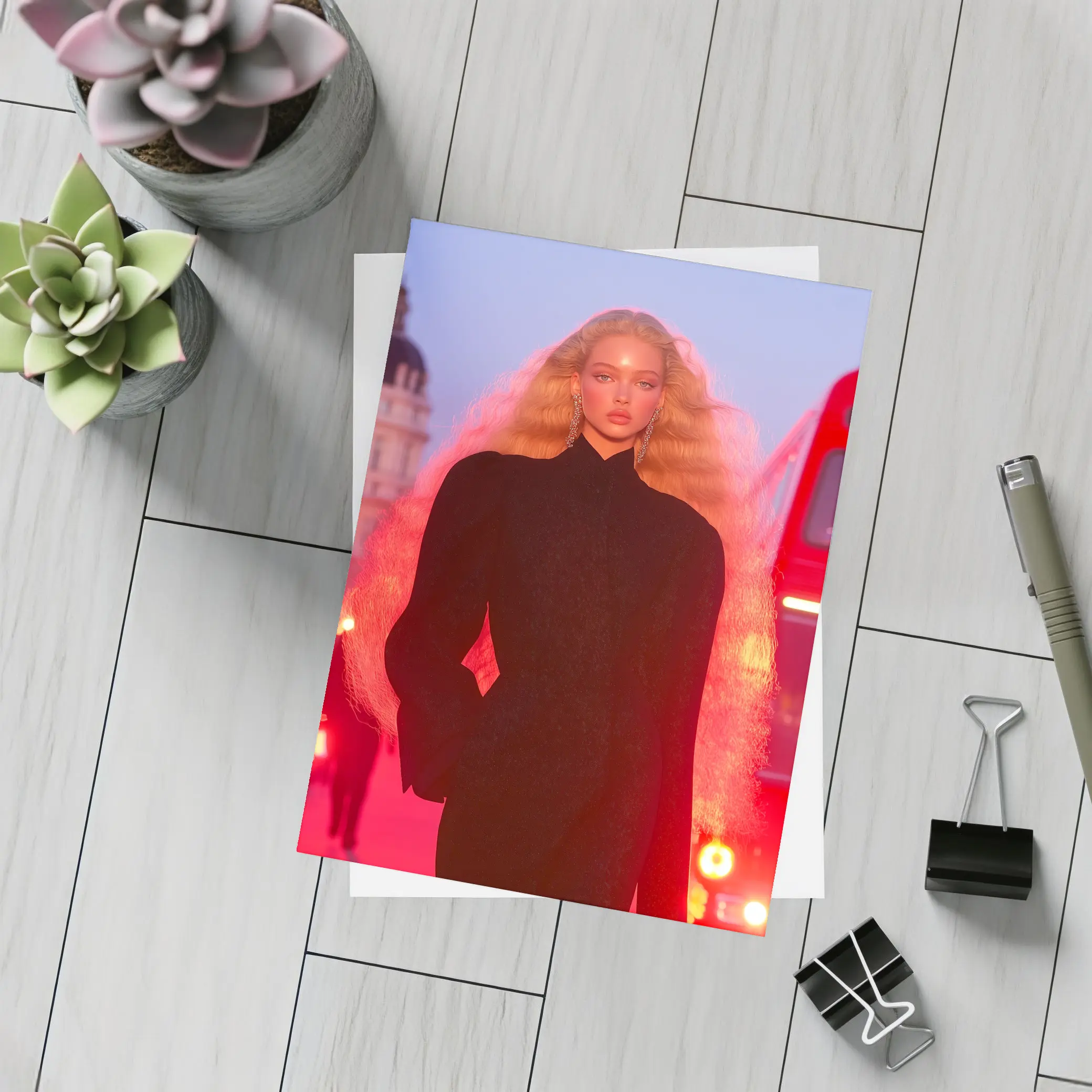 Blonde Model Black Outfit Red City Lights – Postcards