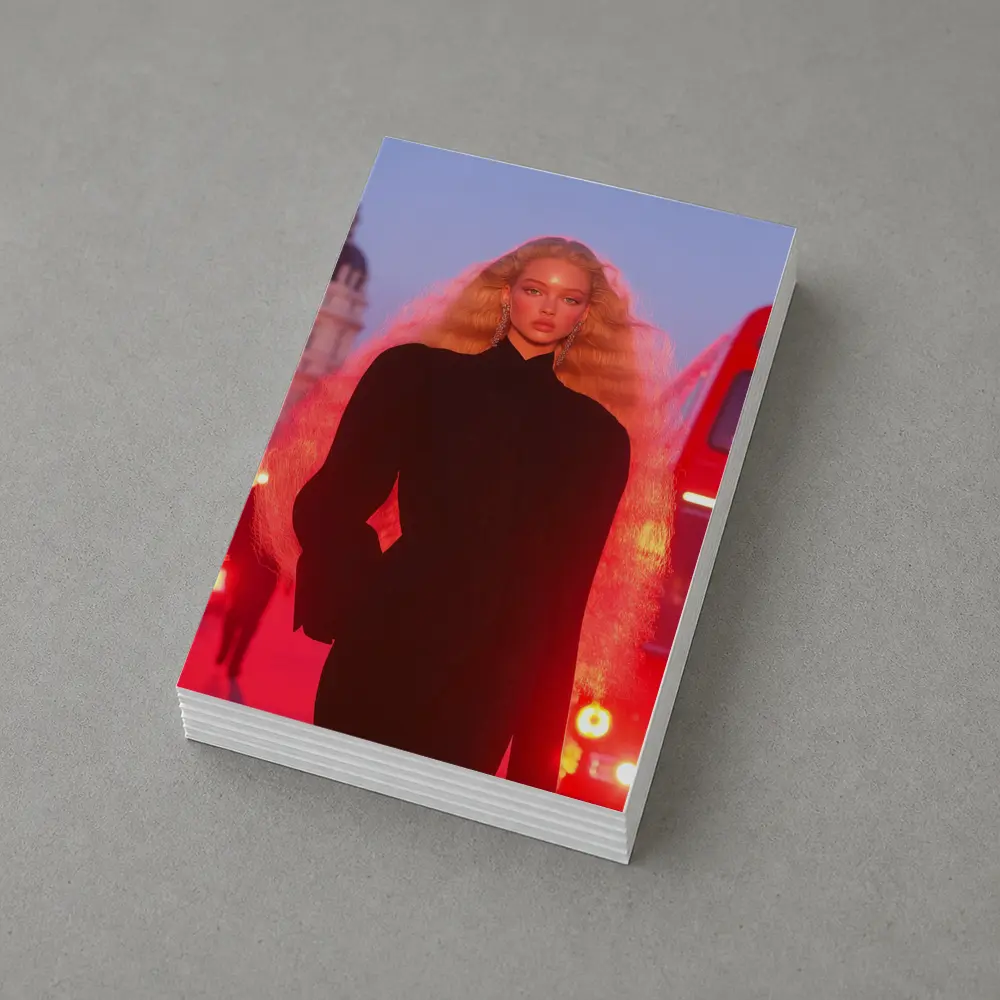 Blonde Model Black Outfit Red City Lights – Postcards