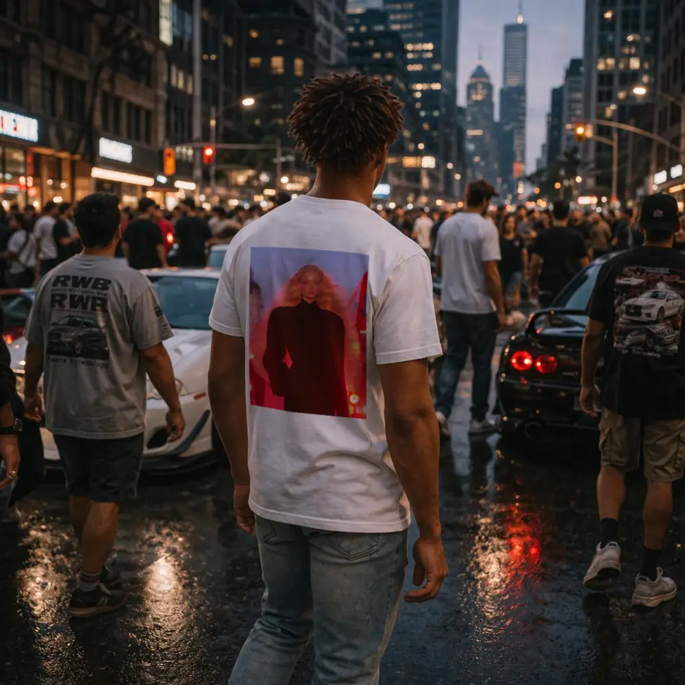 Blonde Model Black Outfit Red City Lights – T-Shirts