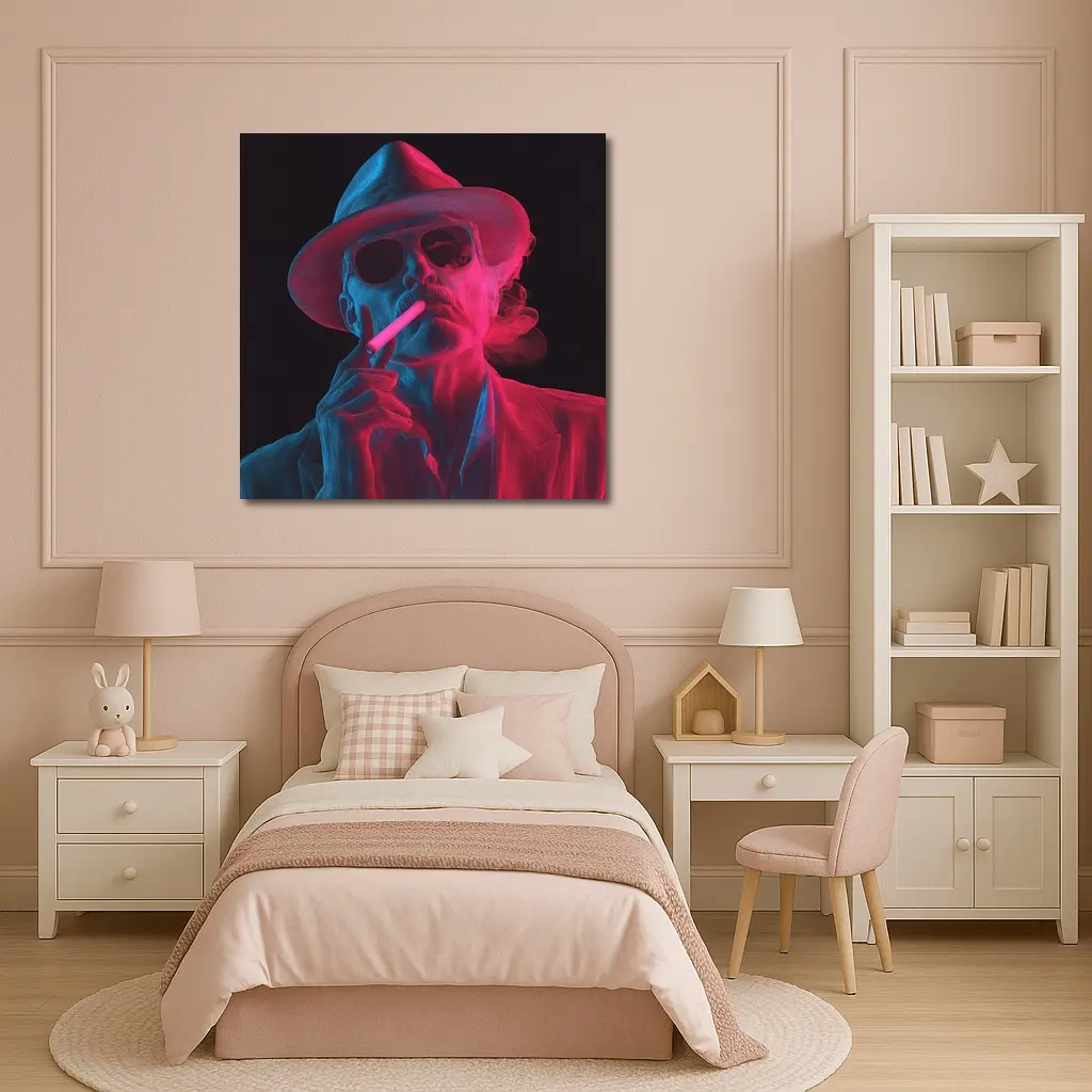 Neon Skull Cowboy Hat Smoking Dark Background – Wall Art