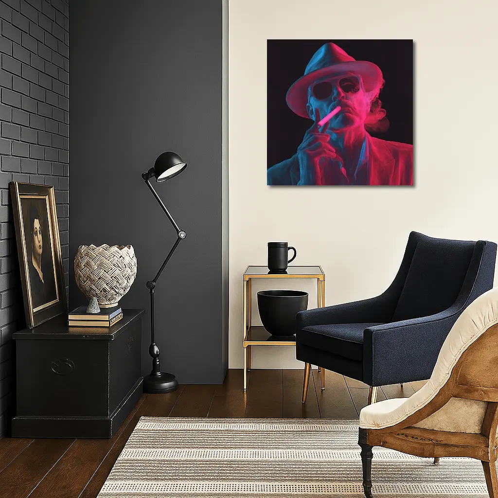 Neon Skull Cowboy Hat Smoking Dark Background – Wall Art