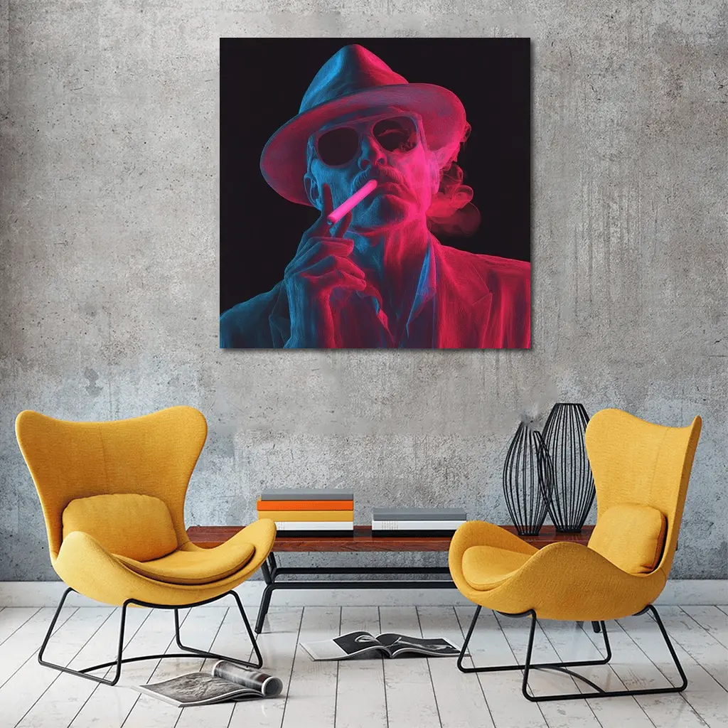 Neon Skull Cowboy Hat Smoking Dark Background – Wall Art
