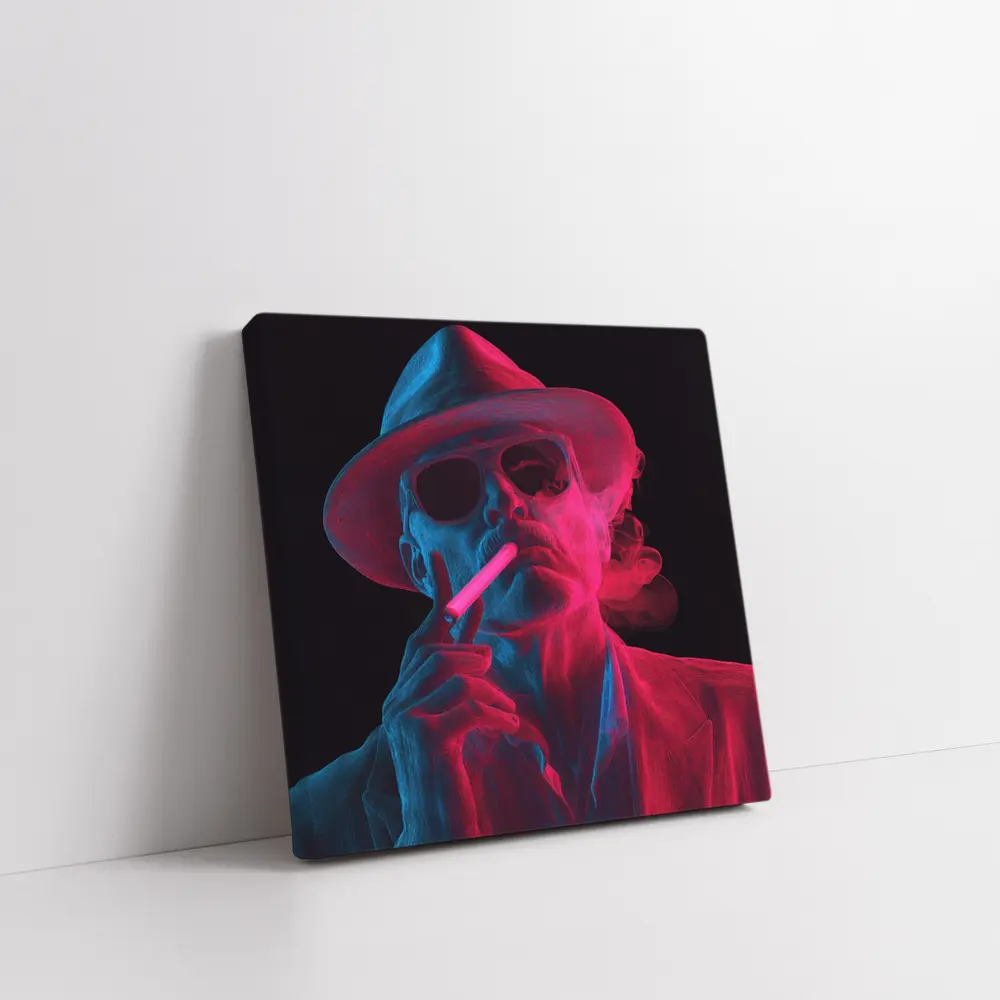 Neon Skull Cowboy Hat Smoking Dark Background – Wall Art