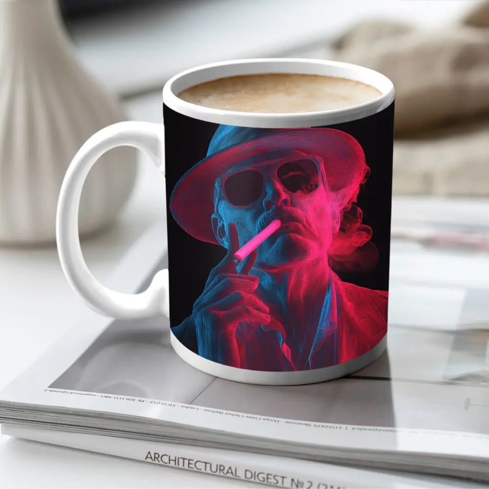 Neon Skull Cowboy Hat Smoking Dark Background – Mugs