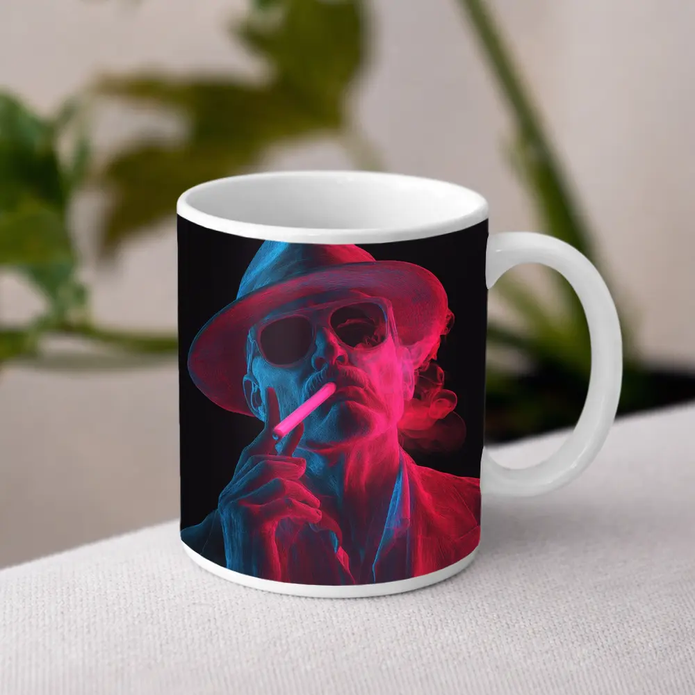Neon Skull Cowboy Hat Smoking Dark Background – Mugs