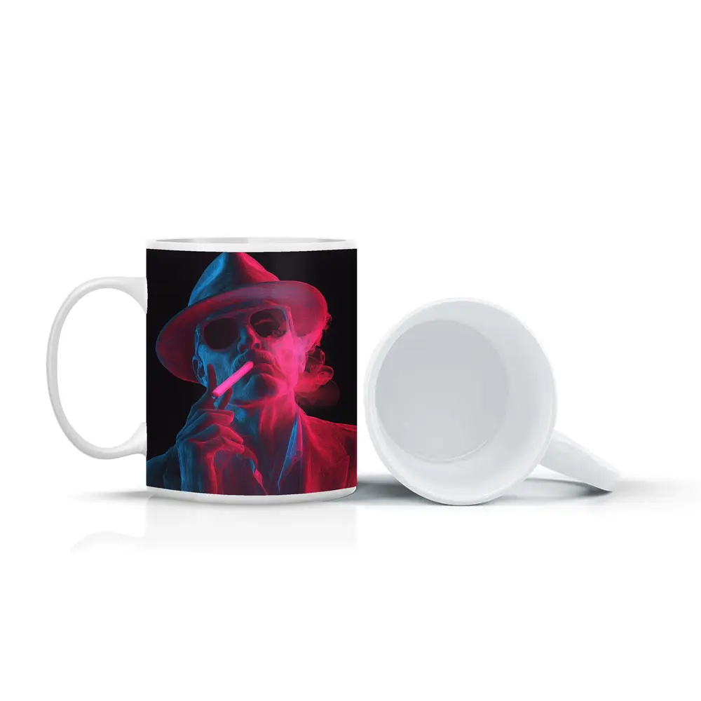 Neon Skull Cowboy Hat Smoking Dark Background – Mugs