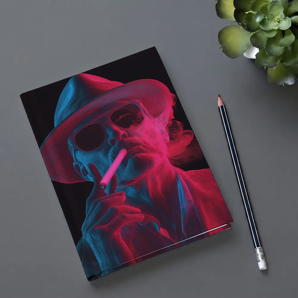 Neon Skull Cowboy Hat Smoking Dark Background – Notebooks