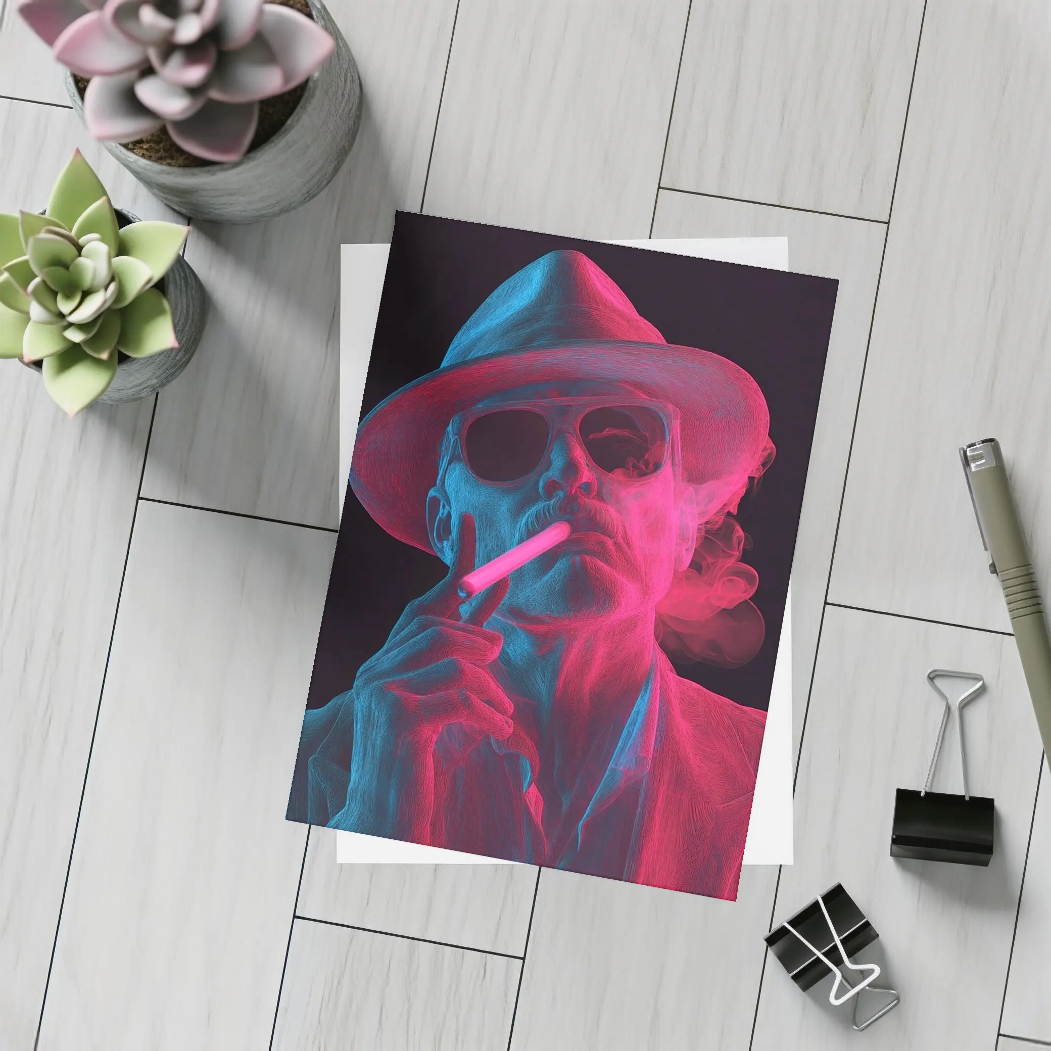 Neon Skull Cowboy Hat Smoking Dark Background – Postcards