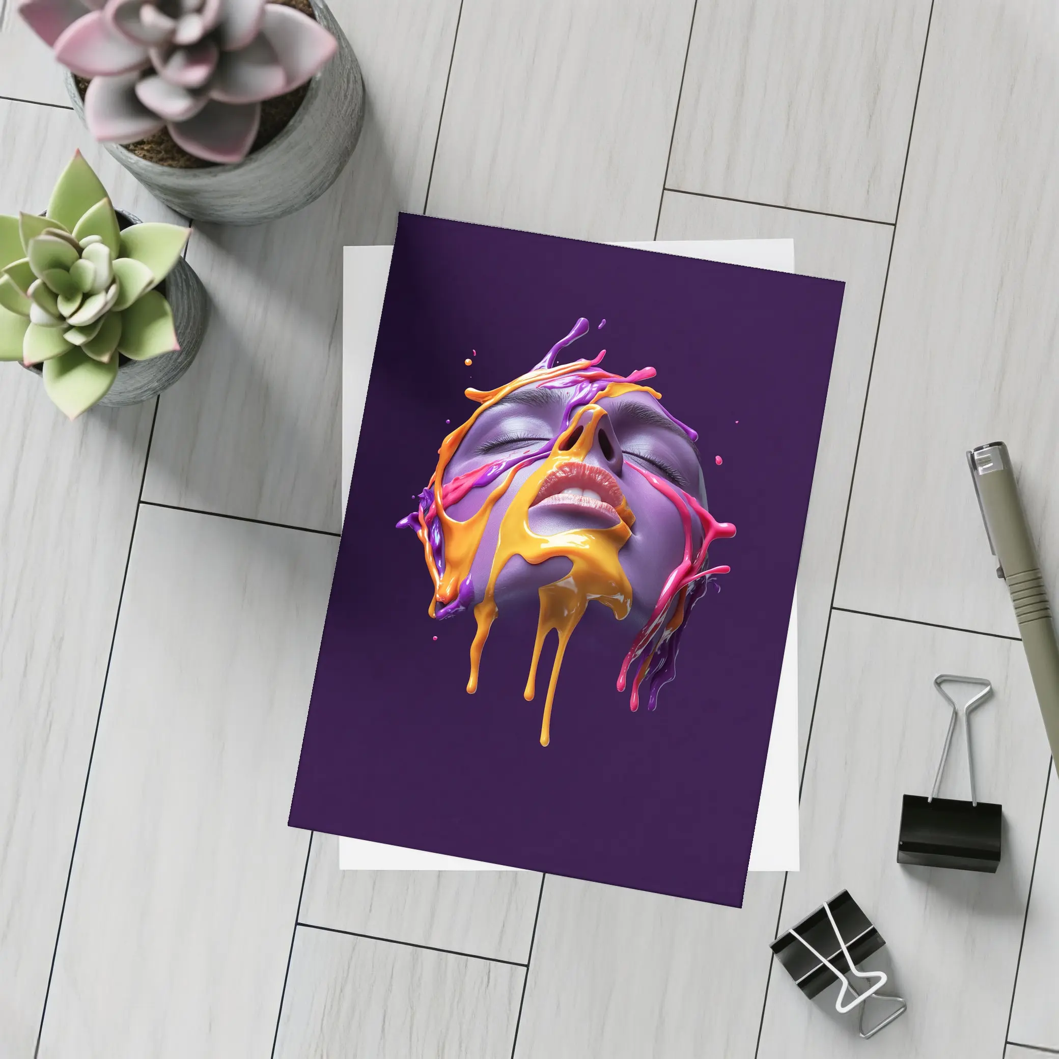 Purple Face Dripping Paint Abstract Art – Postcards
