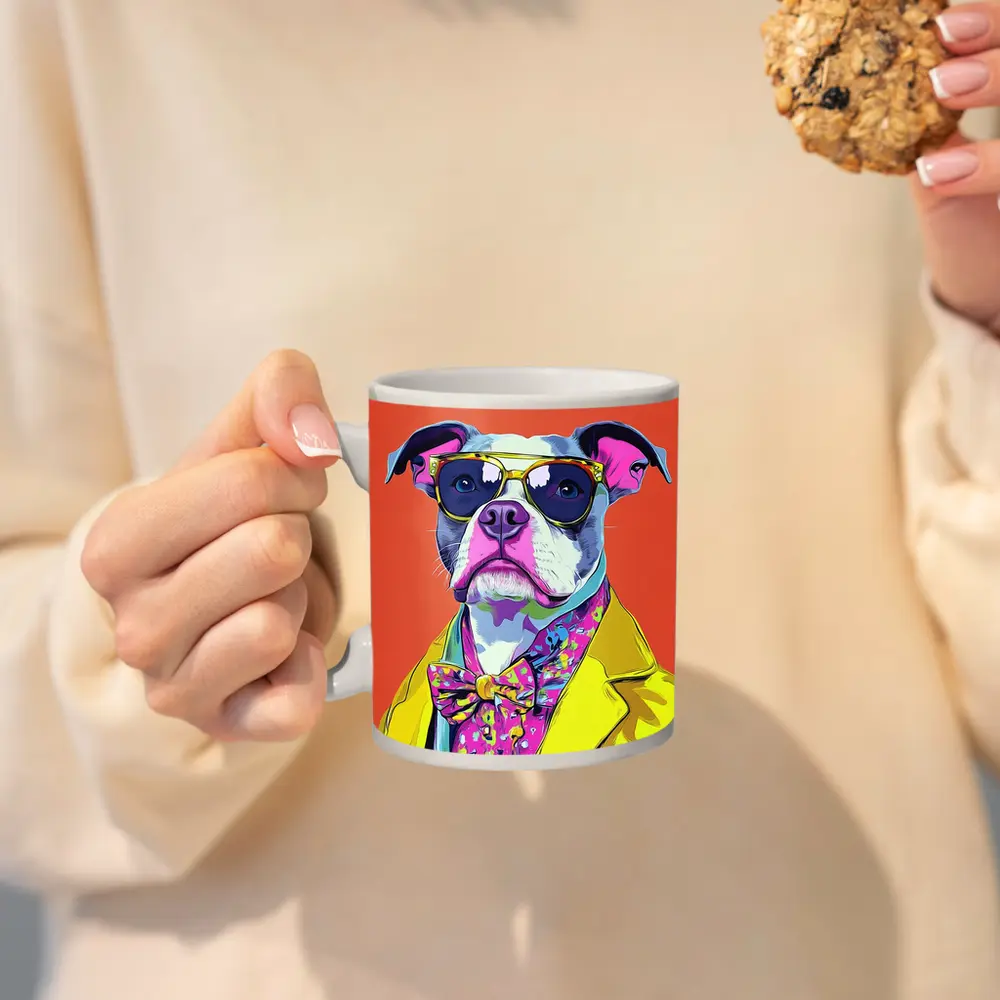 Pop Art Pit Bull Sunglasses Orange Background – Mugs