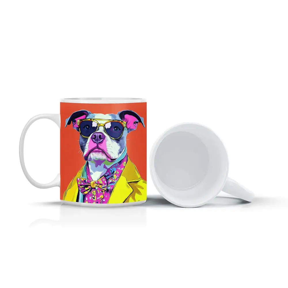Pop Art Pit Bull Sunglasses Orange Background – Mugs