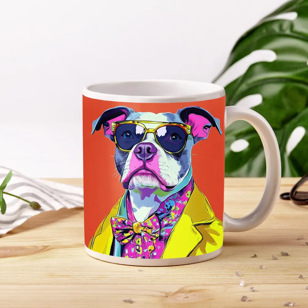 Pop Art Pit Bull Sunglasses Orange Background – Mugs