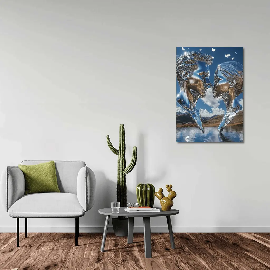 Chrome Liquid Couple Kissing Mountain Lake – Wall Art