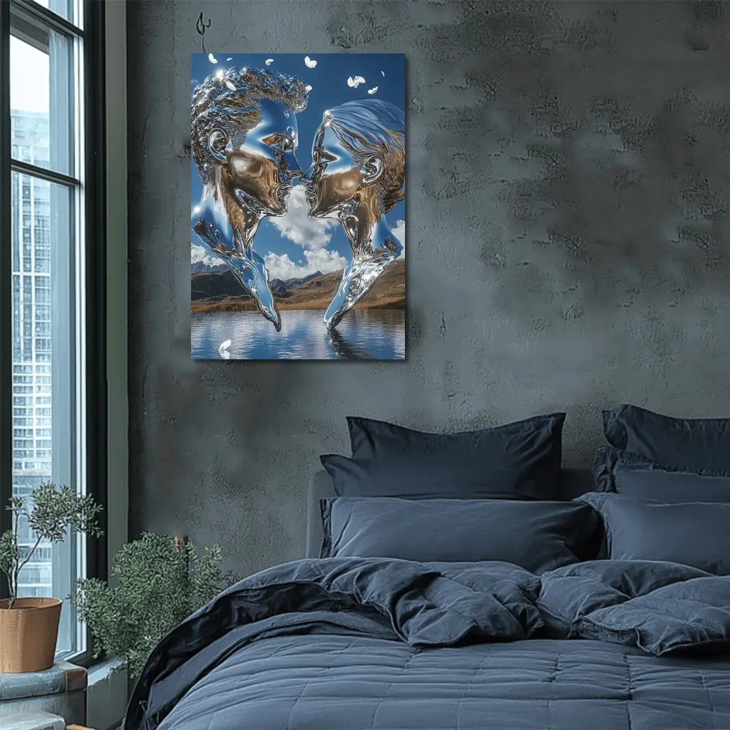 Chrome Liquid Couple Kissing Mountain Lake – Wall Art