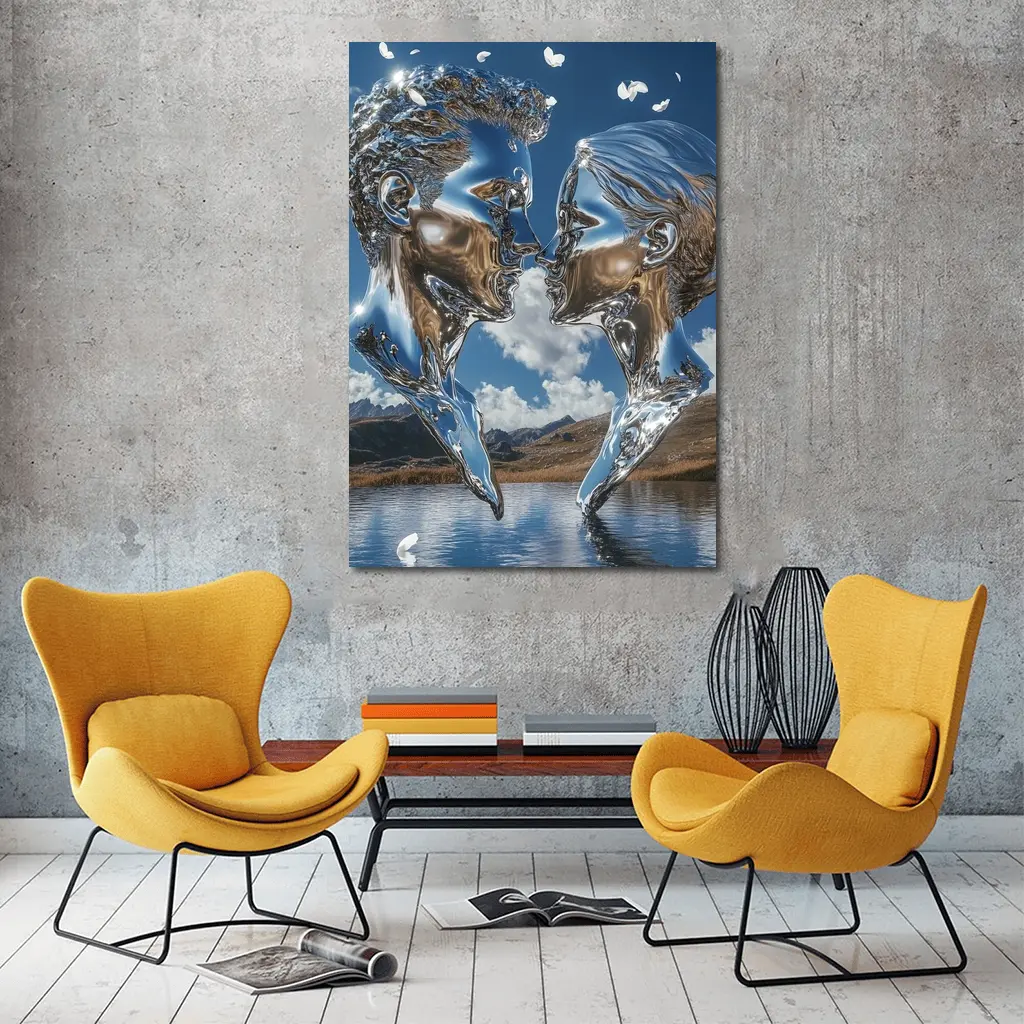 Chrome Liquid Couple Kissing Mountain Lake – Wall Art