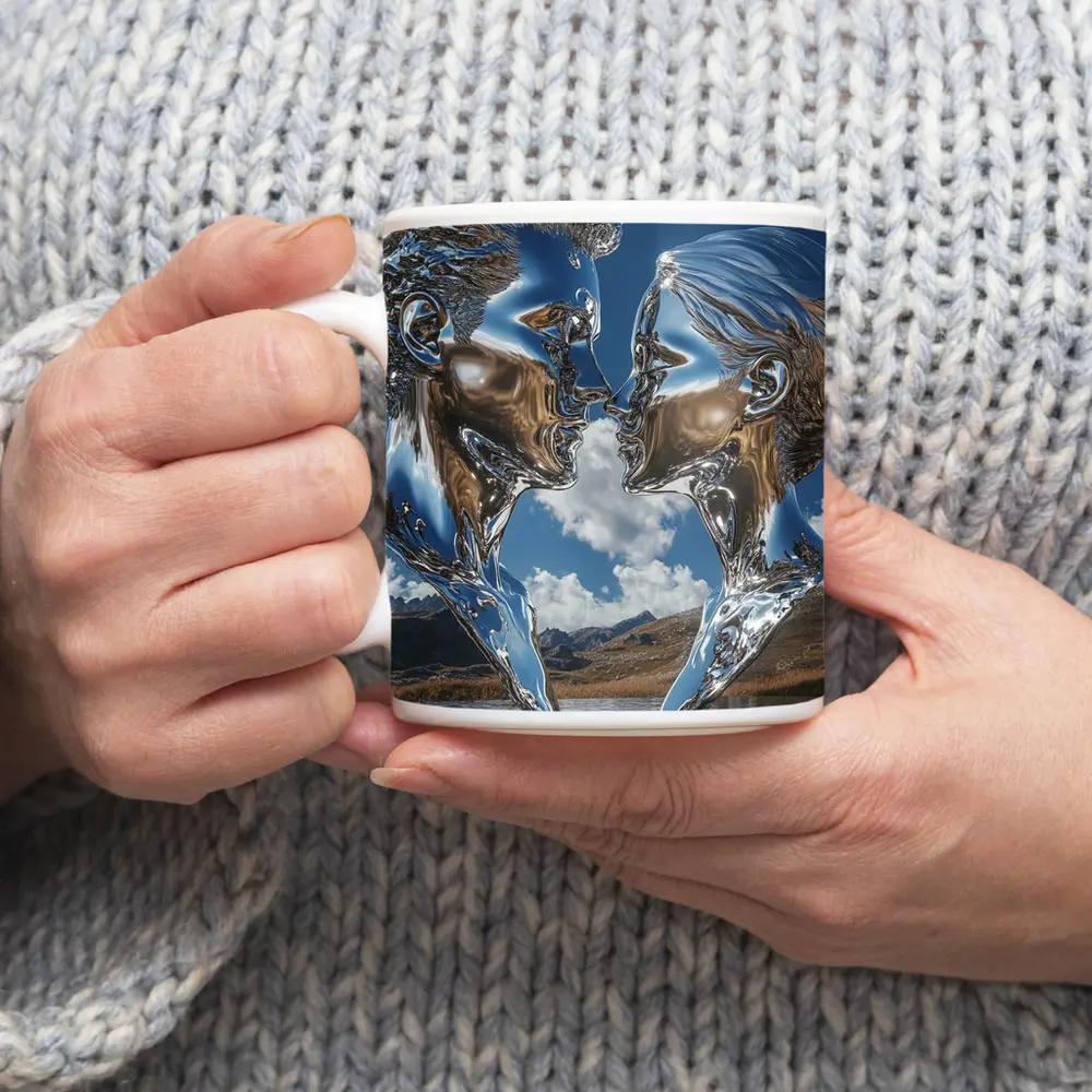 Chrome Liquid Couple Kissing Mountain Lake – Mugs