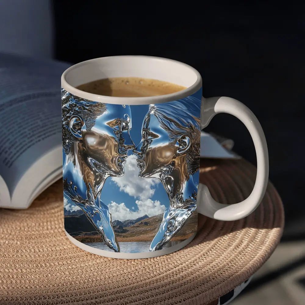 Chrome Liquid Couple Kissing Mountain Lake – Mugs