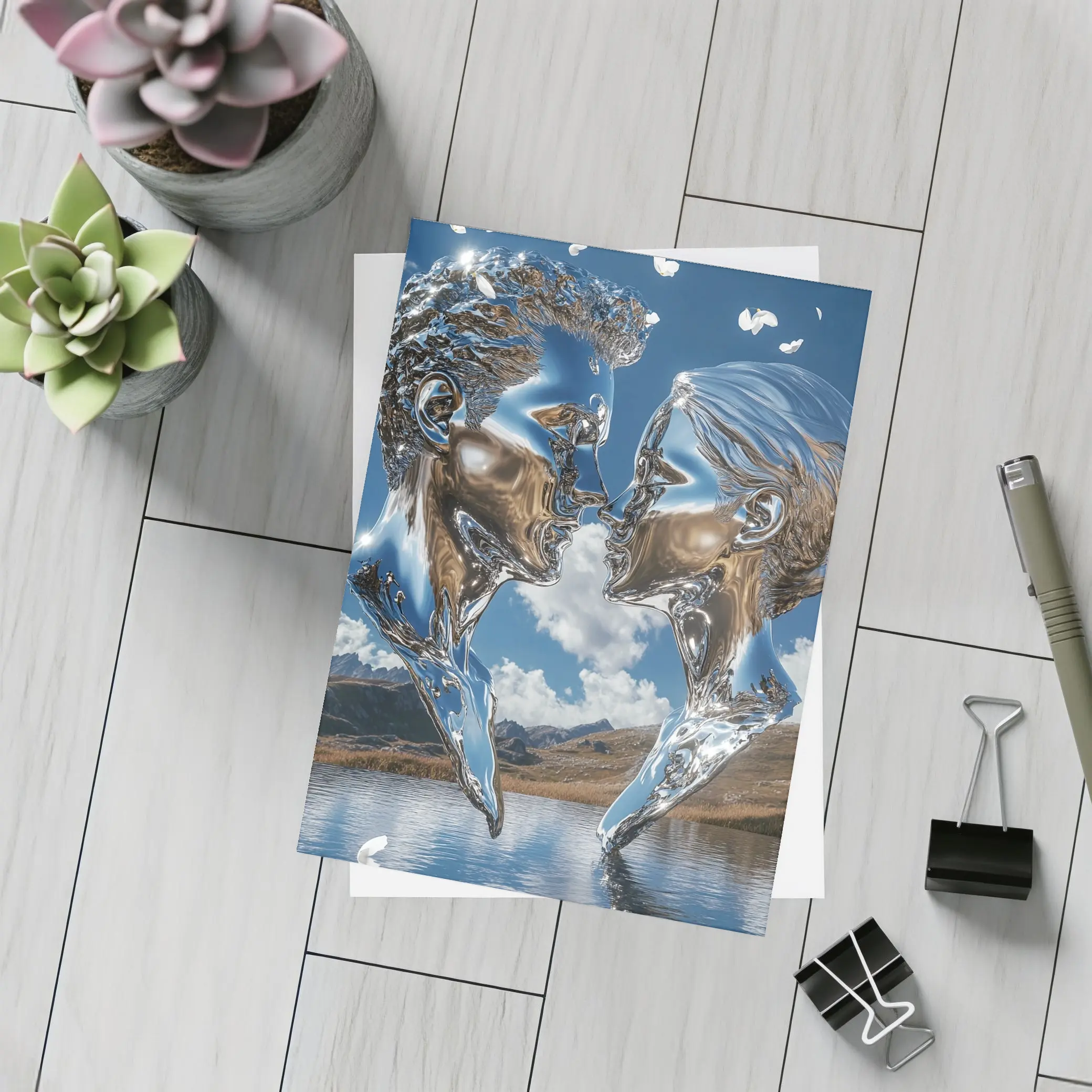 Chrome Liquid Couple Kissing Mountain Lake – Postcards